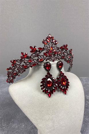 Claret Red Melis Bridal Henna Tiara and Stud Earrings