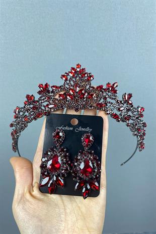 Burgundy Melis Bridal Henna Tiara and Studded Earrings Set