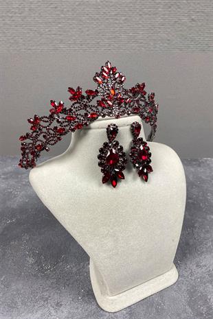 Burgundy Melis Bridal Henna Tiara and Studded Earrings Set