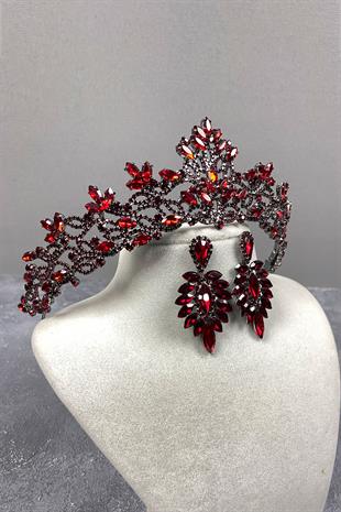 Claret Red Melis Bridal Henna Crown And Studded Stone Earrings