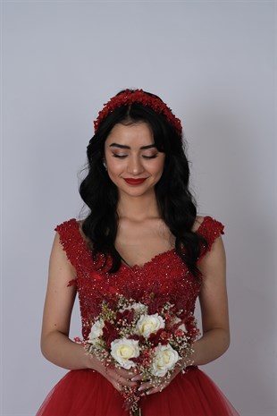 Bordo Nida Çiçek Mineli Gelin Tacı Saç ve Türban Aksesuarı