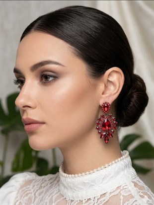 Bordo Nova Parlak Taşlı Tasarım Abiye Gelin Küpesi
