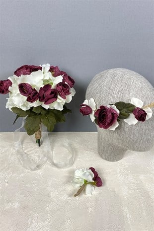 Burgundy Hydrangea Peony Bridal Hand Bouquet Hair Accessory and Boutonniere