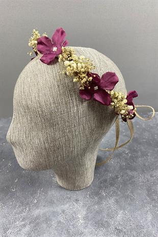 Bordo Ortanca Ve Şoklanmış Cipso Kuru Çiçekli Dış Çekim Gelin Tacı