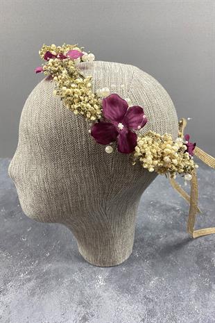 Bordo Ortanca Ve Şoklanmış Cipso Kuru Çiçekli İncili Gelin Tacı