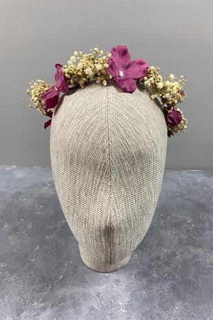 Bordo Ortanca Ve Şoklanmış Cipso Kuru Çiçekli Dış Çekim Gelin Tacı