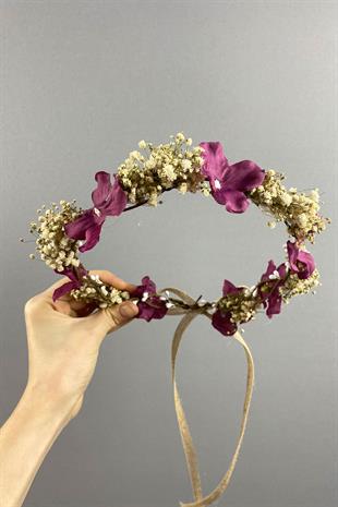 Bordo Ortanca Ve Şoklanmış Cipso Kuru Çiçekli Dış Çekim Gelin Tacı