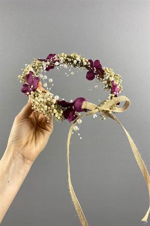 Bordo Ortanca Ve Şoklanmış Cipso Kuru Çiçekli İncili Gelin Tacı