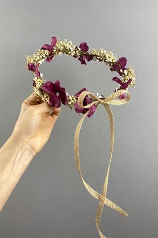 Bordo Ortanca Ve Şoklanmış Cipso Kuru Çiçekli Dış Çekim Gelin Tacı