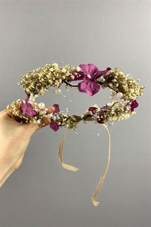 Bordo Ortanca Ve Şoklanmış Cipso Kuru Çiçekli İncili Gelin Tacı