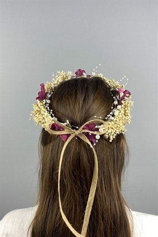 Bordo Ortancalı Kuru Çiçekli İncili Dış Çekim Gelin Saç Aksesuarı