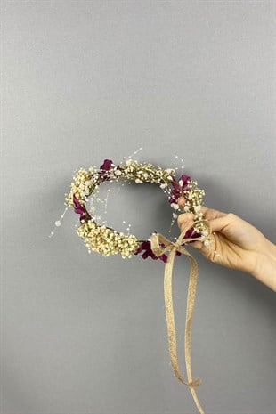 Bordo Ortancalı Kuru Çiçekli İncili Dış Çekim Gelin Saç Aksesuarı