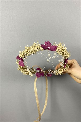 Bordo Ortancalı Kuru Çiçekli İncili Dış Çekim Gelin Saç Aksesuarı