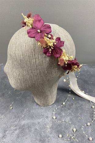 Bordo Ortancalı Ve Cipsolu İncili Dış Çekim Gelin Tacı