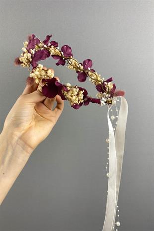 Bordo Ortancalı Ve Cipsolu İncili Dış Çekim Gelin Tacı