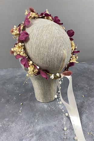 Bordo Ortancalı Ve Cipsolu İncili Dış Çekim Gelin Tacı