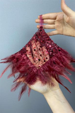 Claret Red Authentic Bead Embroidered Hairy Bridal Halay Handkerchief 1 Piece