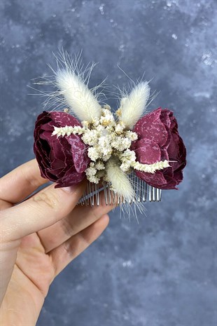 Claret Red Cotton Herb Chips and Artificial Flower Comb Hair Clip Accessory