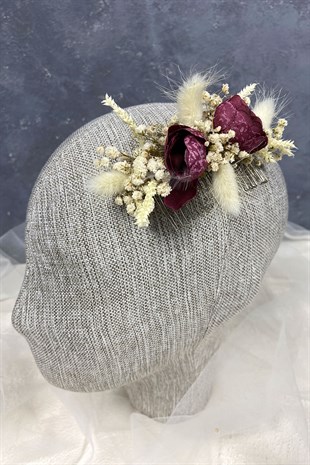 Burgundy Cotton Grass Chipso and Artificial Flower Comb Hairpin