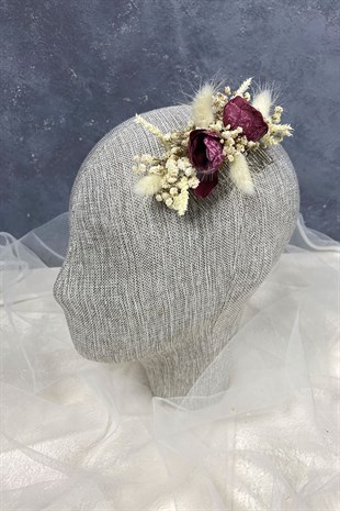 Burgundy Cotton Grass Chipso and Artificial Flower Comb Hairpin