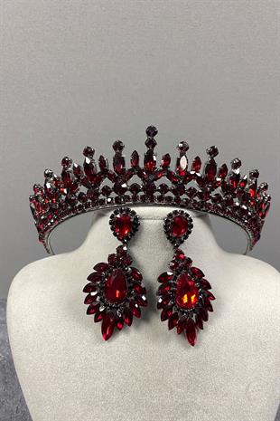 Bordo Pedro Taşlı Gelin Kına Tacı Ve Abiye Küpe Seti