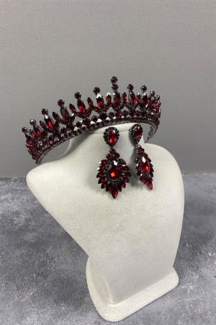 Bordo Pedro Taşlı Gelin Kına Tacı Ve Abiye Küpe Seti