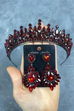 Bordo Pedro Taşlı Gelin Kına Tacı Ve Abiye Küpe Seti