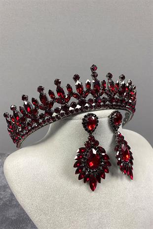 Bordo Pedro Taşlı Gelin Kına Tacı Ve Abiye Küpe Seti