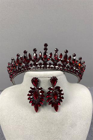 Bordo Pedro Taşlı Gelin Kına Tacı Ve Küpeli Set