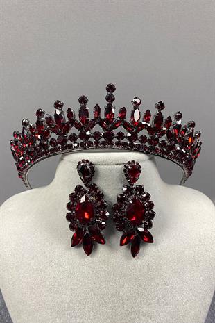 Claret Red Pedro Stone Bridal Henna Tiara and Earring Set