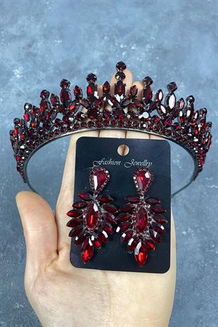 Bordo Pedro Taşlı Gelin Kına Tacı Ve Küpeli Set