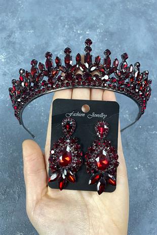 Claret Red Pedro Stone Bridal Henna Tiara and Earring Set