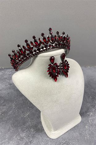 Bordo Pedro Taşlı Gelin Kına Tacı Ve Küpeli Set