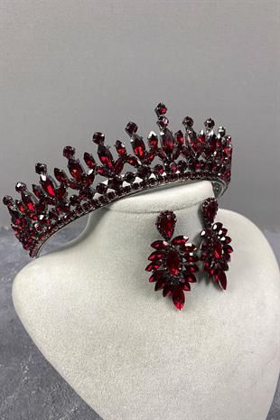 Bordo Pedro Taşlı Gelin Kına Tacı Ve Küpeli Set