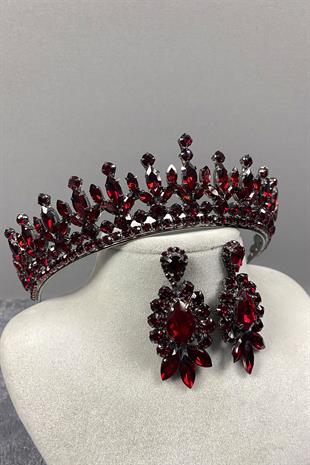 Claret Red Pedro Stone Bridal Henna Tiara and Earring Set