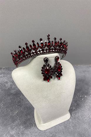 Claret Red Pedro Stone Bridal Henna Tiara and Earring Set