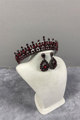 Claret Red Pedro Stone Bridal Henna Tiara and Stud Earrings Set
