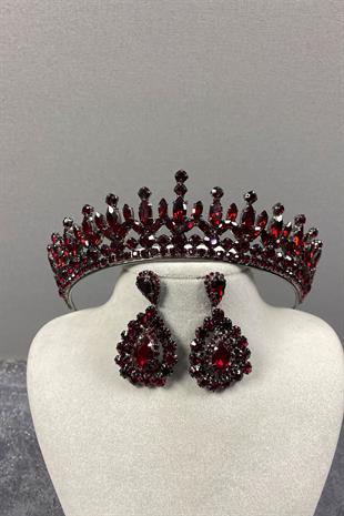 Claret Red Pedro Stone Bridal Henna Tiara and Stud Earrings Set