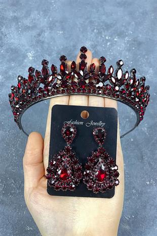 Claret Red Pedro Stone Bridal Henna Tiara and Stud Earrings Set