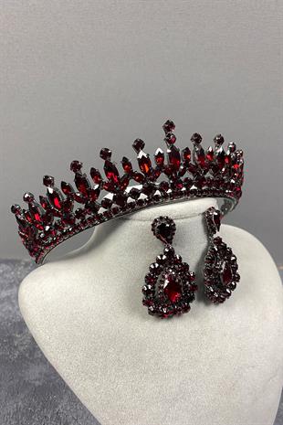 Claret Red Pedro Stone Bridal Henna Tiara and Stud Earrings Set