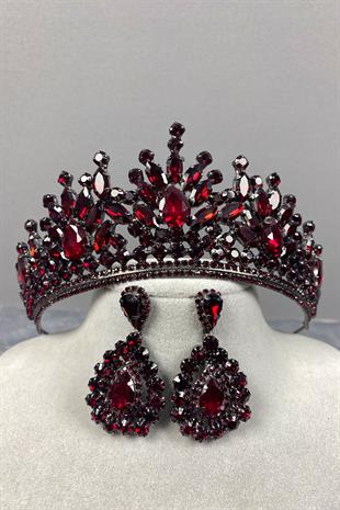 Burgundy Pera Bridal Henna Tiara and Drop Evening Earrings