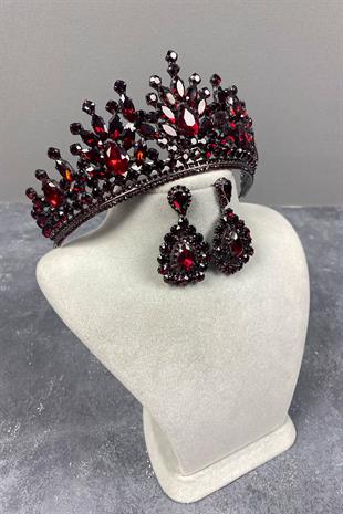 Burgundy Pera Bridal Henna Tiara and Drop Evening Earrings
