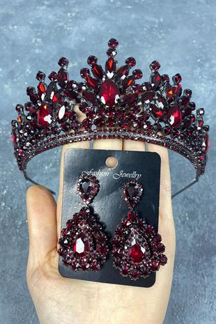 Burgundy Pera Bridal Henna Tiara and Drop Evening Earrings