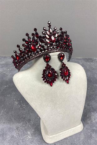 Claret Red Pera Bridal Henna Crown And Studded Earring Set