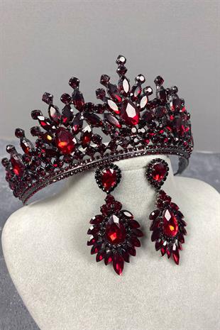 Claret Red Pera Bridal Henna Crown And Studded Earring Set