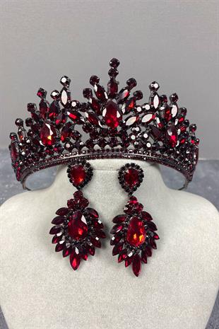 Claret Red Pera Bridal Henna Crown And Studded Earring Set