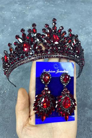 Claret Red Pera Bridal Henna Crown And Studded Earring Set