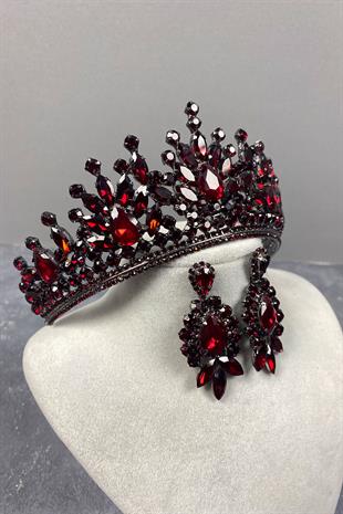 Claret Red Pera Bridal Henna Tiara and Stud Earrings
