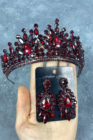 Claret Red Pera Bridal Henna Tiara and Stud Earrings