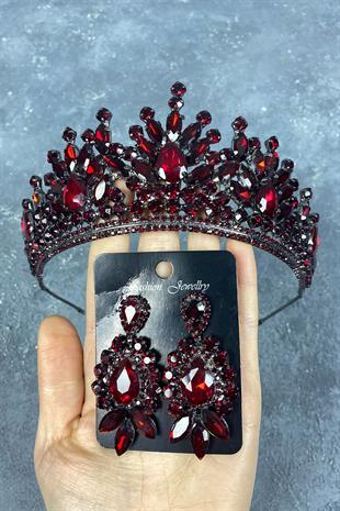 Claret Red Pera Bridal Henna Tiara and Stud Earrings